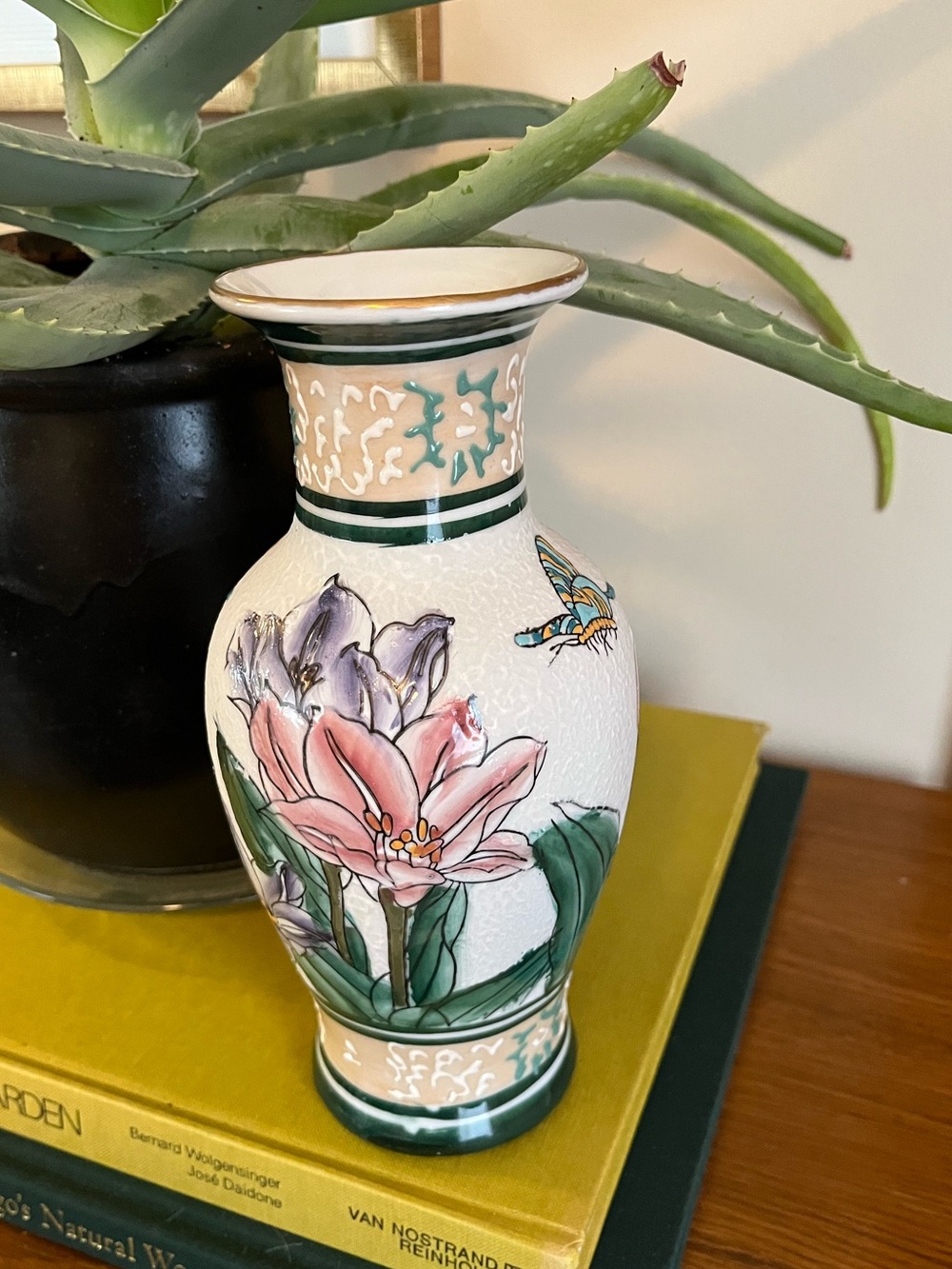 Decorative Floral Ceramic Vase in Pink and Green